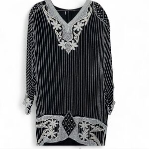 1980s Vintage Silk Beaded Mini Dress V Neckline Black White